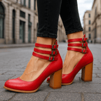 Eye-Catching Vibrant Triple-Strap Block Heel Pumps