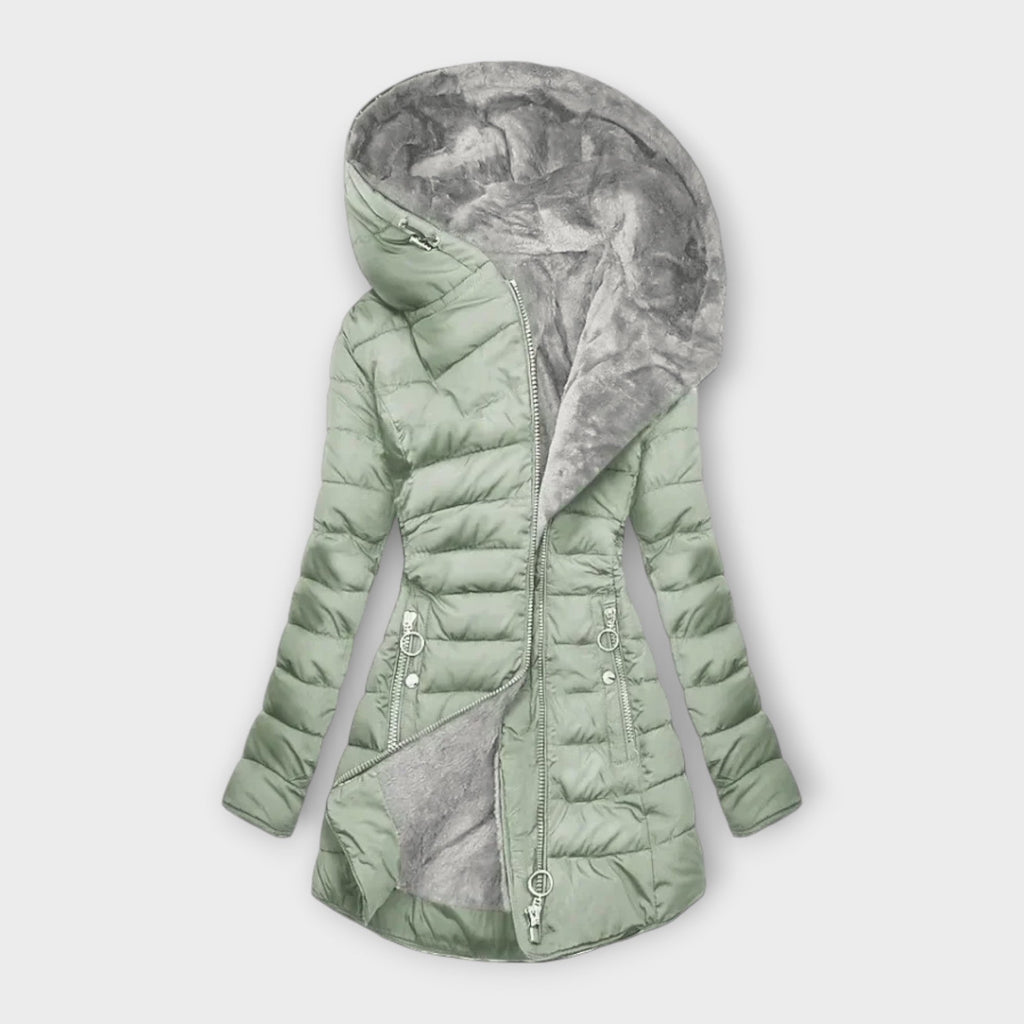 Fabienne™ | Fleece-Lined Hooded Asymmetric-Zip Puffer Coat