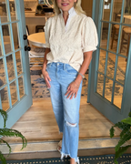 Floral Textured Puff-Sleeve Henley Blouse