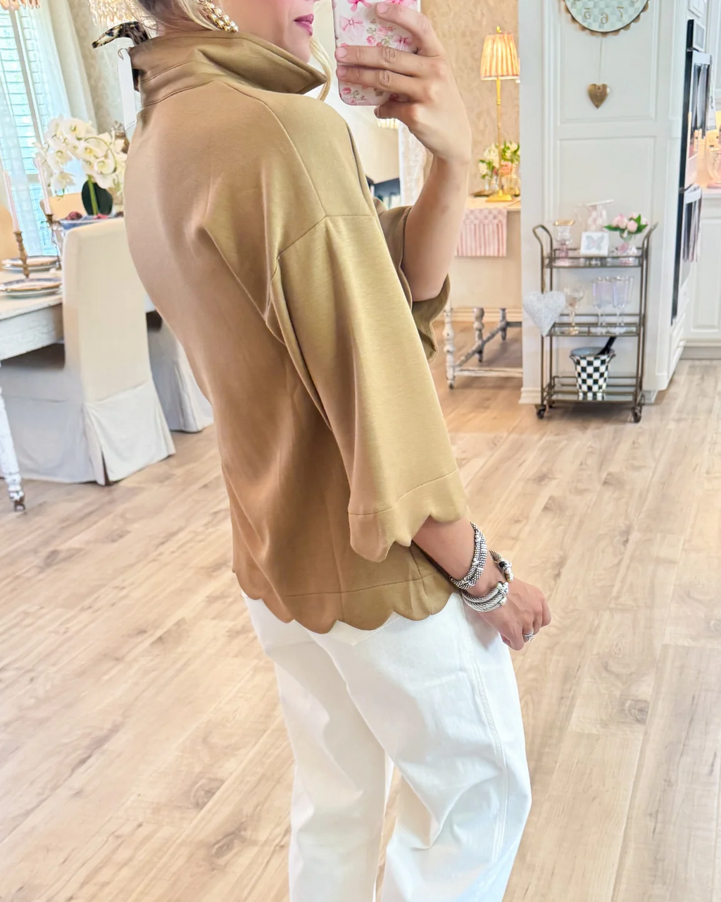 Scalloped-Hem V-Neck Short-Sleeve Blouse