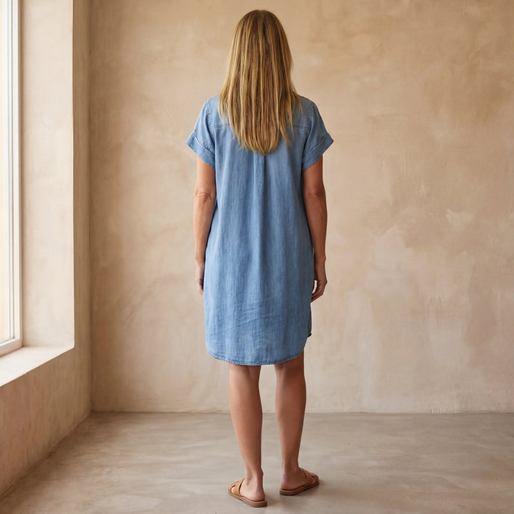 Effortless Versatile Short-Sleeve Denim Shirt-Dress