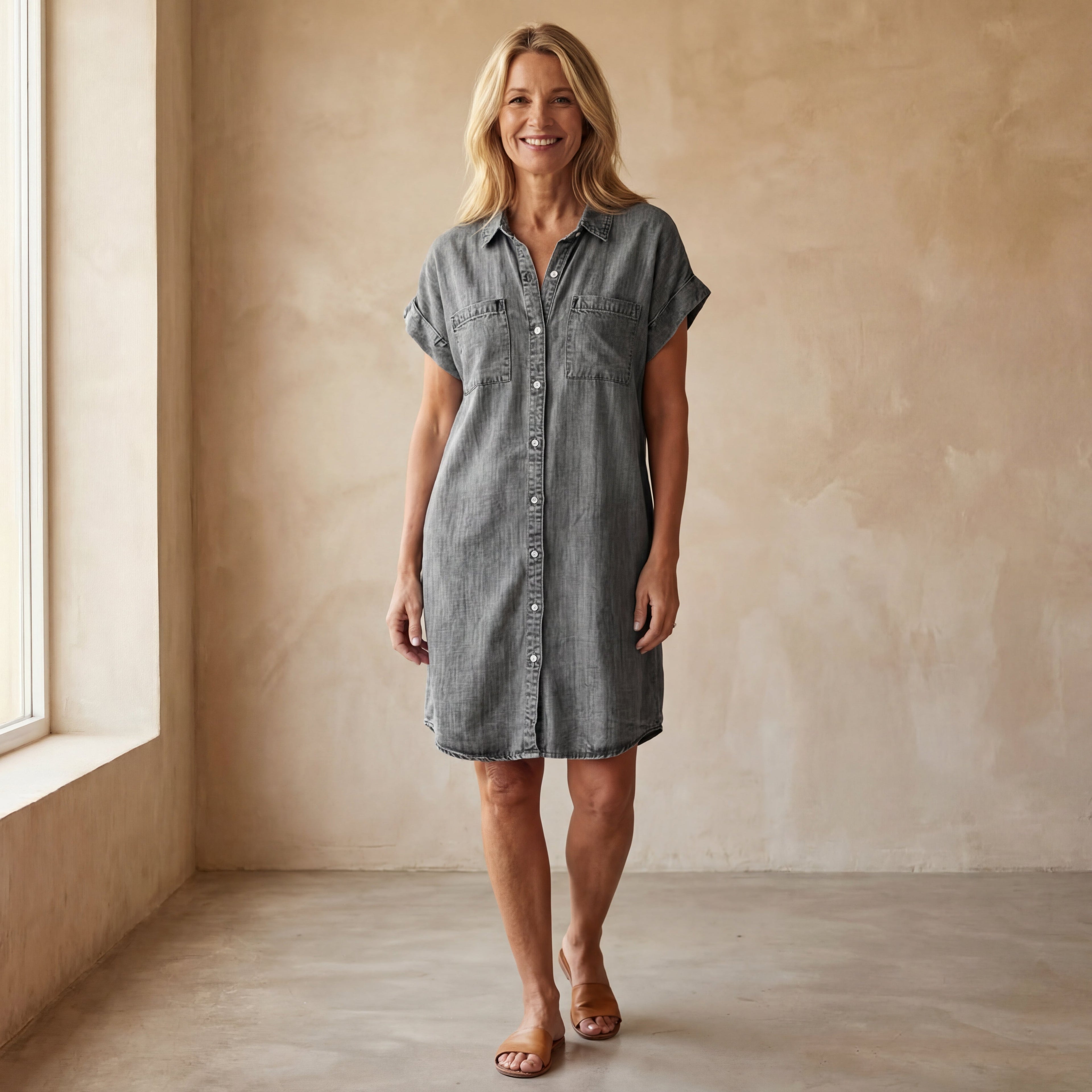 Effortless Versatile Short-Sleeve Denim Shirt-Dress