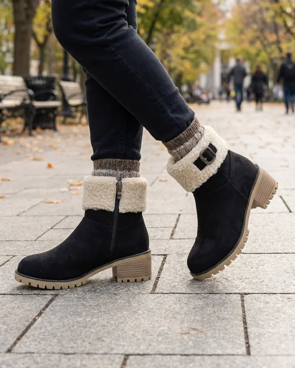 Mirella™ | Sherpa-cuff buckled side-zip heeled ankle boots
