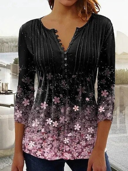 Floral Pintuck Bell Sleeve Blouse