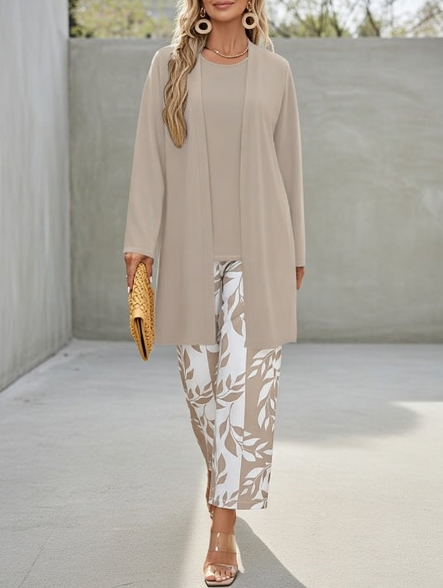 Leaf Print Three-Piece Cardigan Set