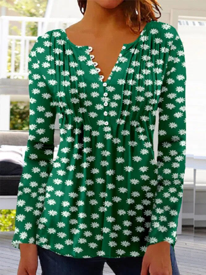 Floral Pintuck Bell Sleeve Blouse