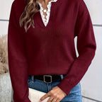 Yasmine™ | Lace-Trim Split-Neck Pullover Sweater