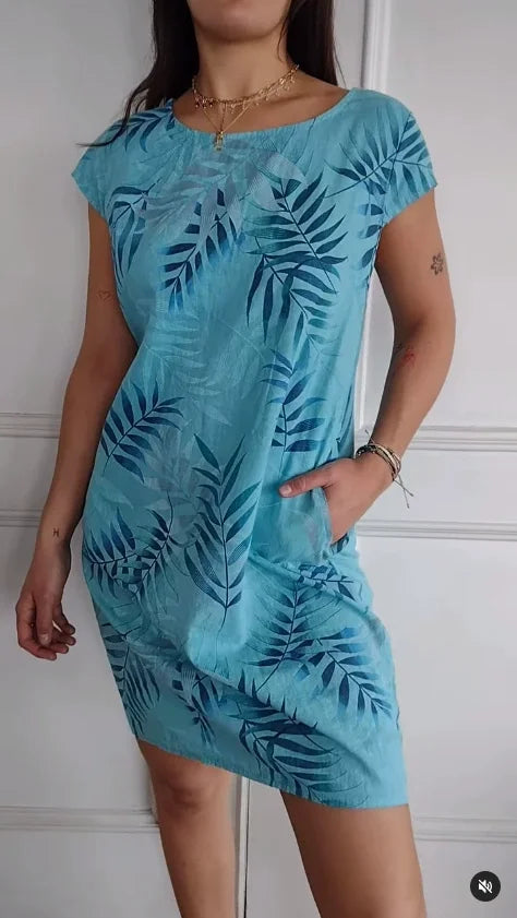 Breathable Tropical Print Side-Pocket Shift Dress
