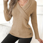 Barbara™ | Ribbed-Hem Side-Button Wrap V-Neck Sweater