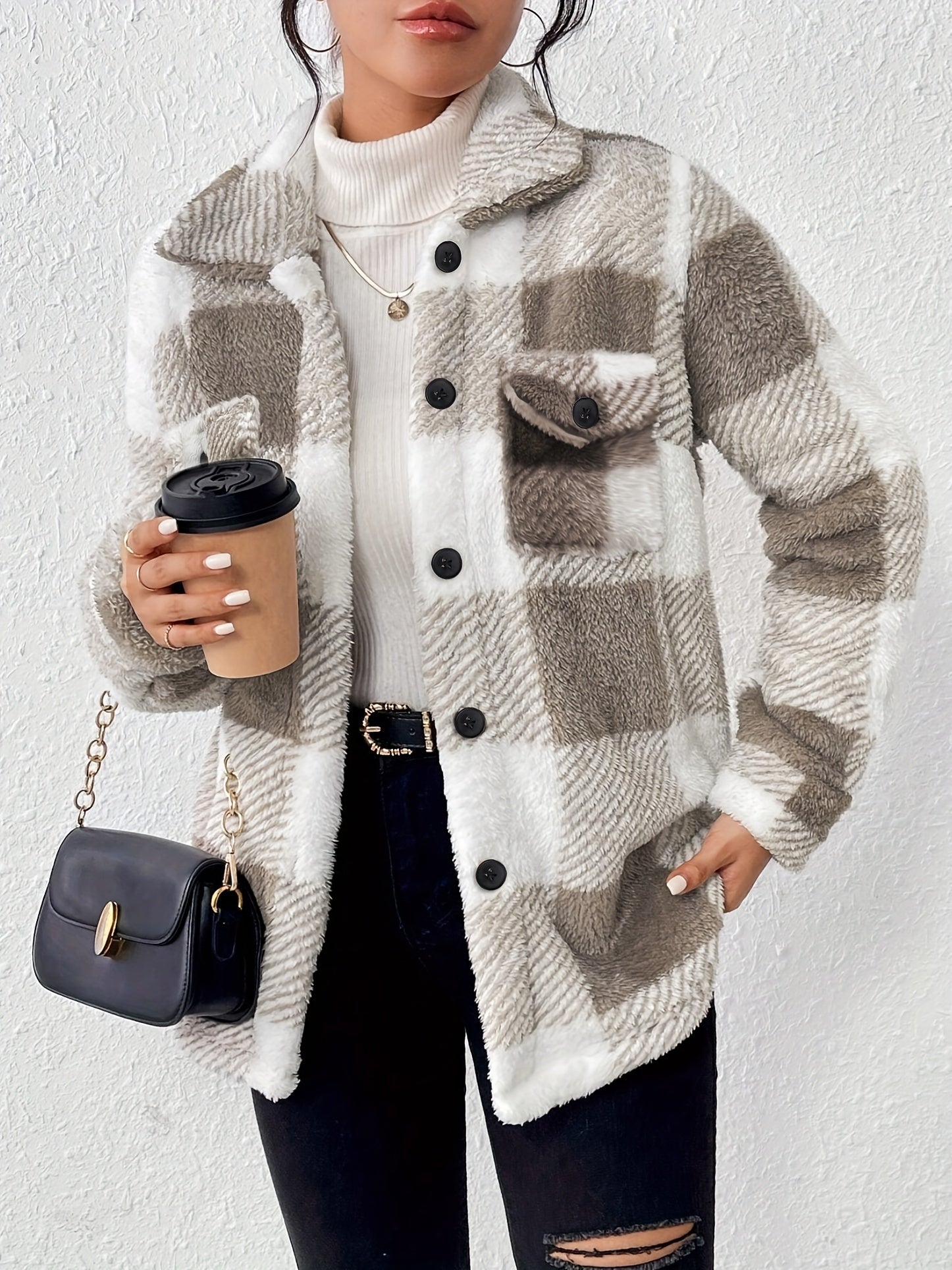 Lilou™ | Fleece Plaid Button-Up Shacket Jacket