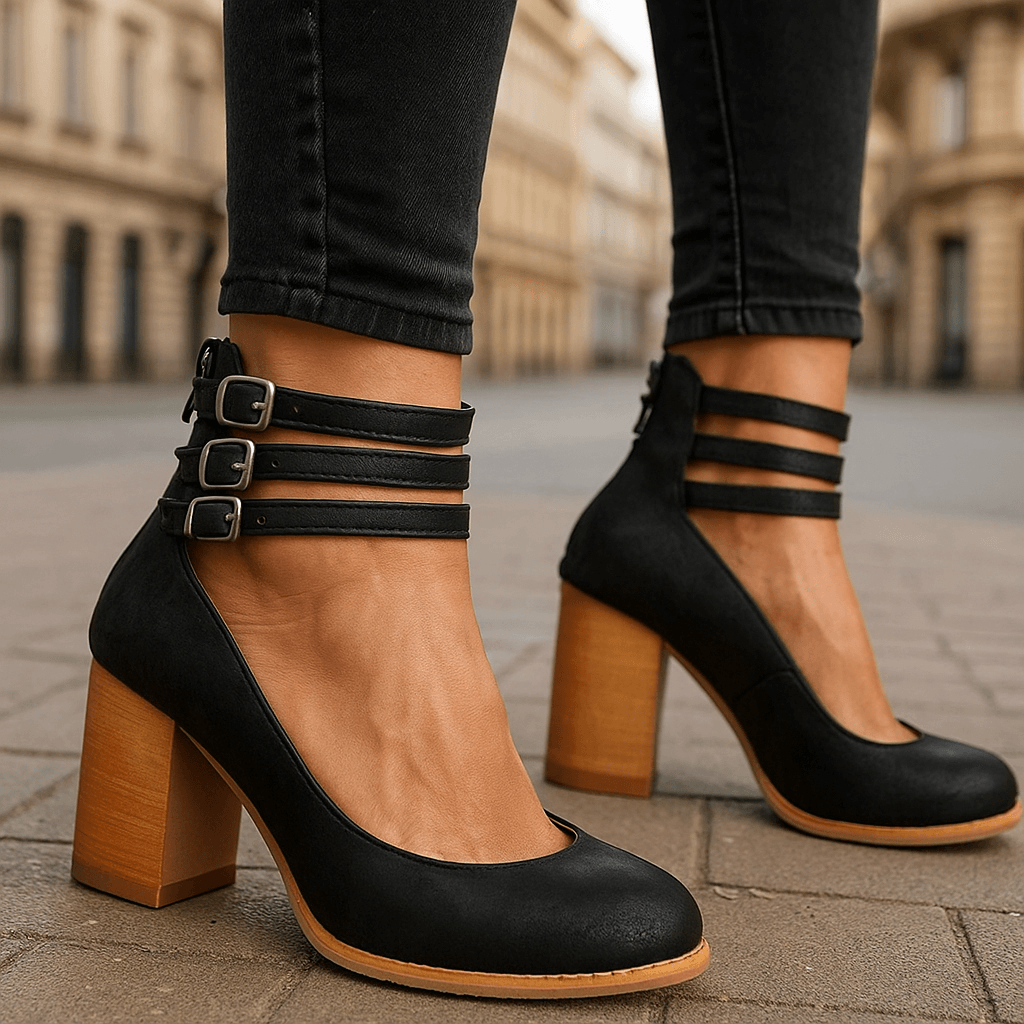 Eye-Catching Vibrant Triple-Strap Block Heel Pumps