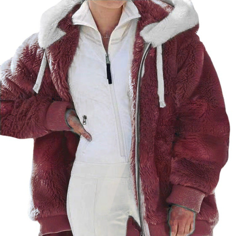 Daria™ | Colorblock Stripe Fuzzy Hooded Zip-Up Jacket
