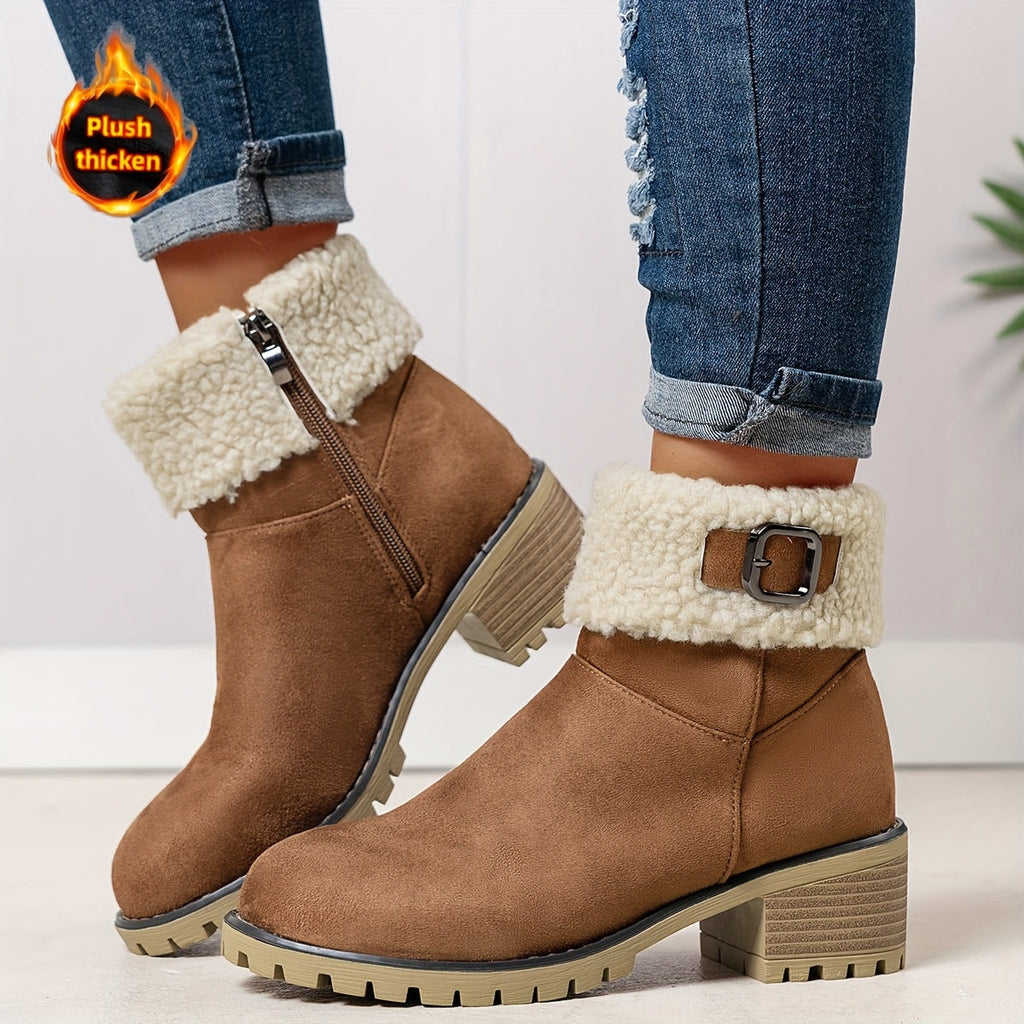 Mirella™ | Sherpa-cuff buckled side-zip heeled ankle boots