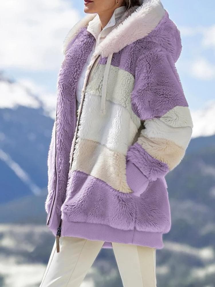 Oversized Color Block Fuzzy Hooded Jacket
