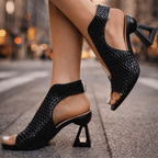 Chic Glamorous Metallic Woven Block-Heel Sandals