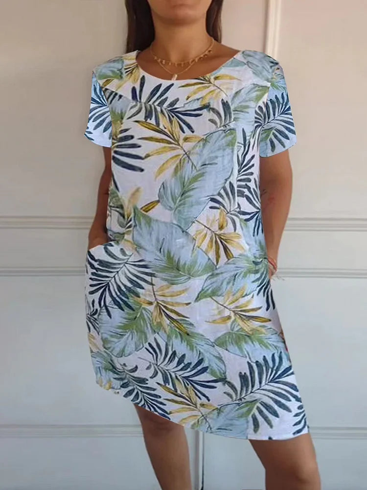 Breathable Tropical Print Side-Pocket Shift Dress