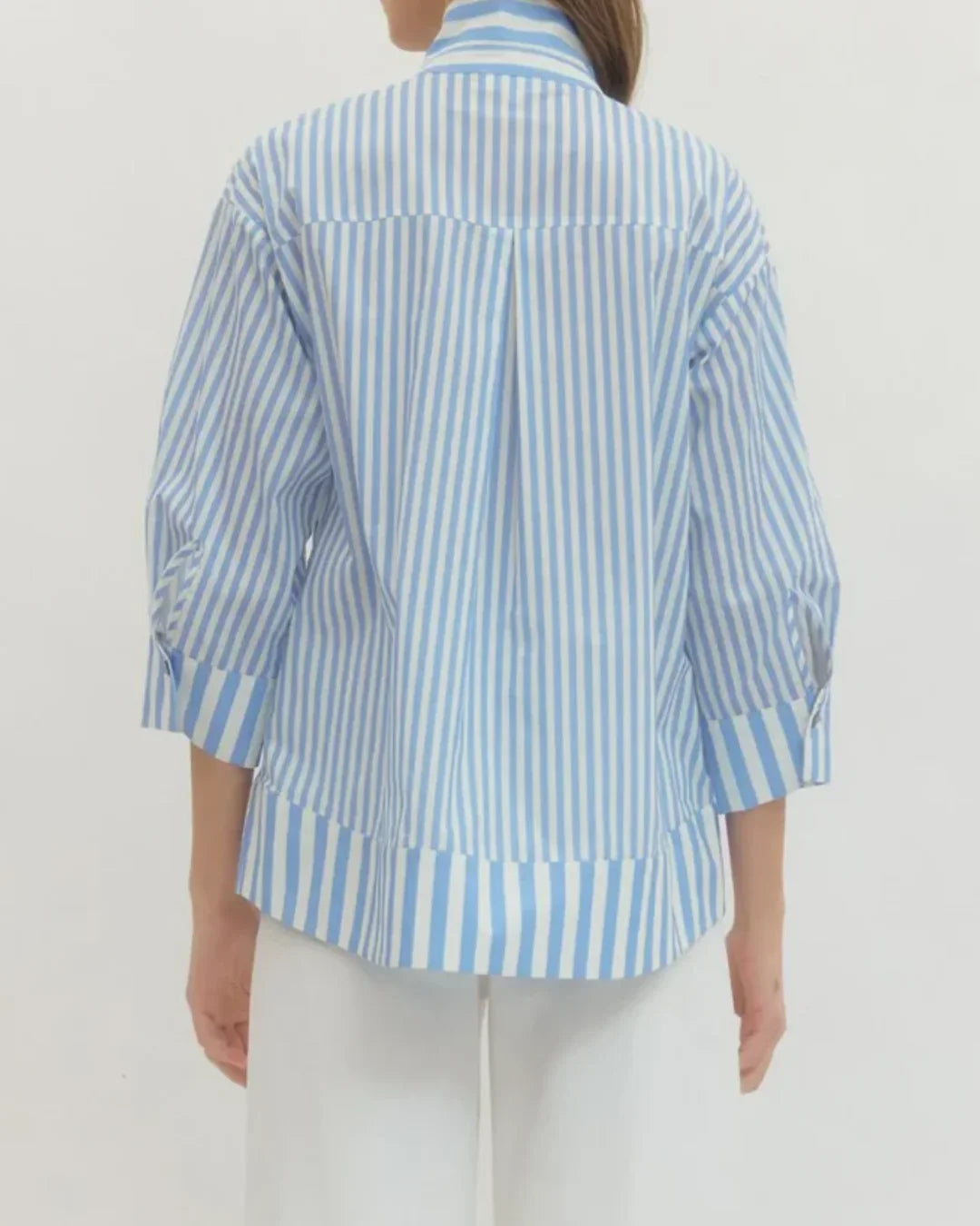 Vertical Striped V-Neck Pearl Button Blouse