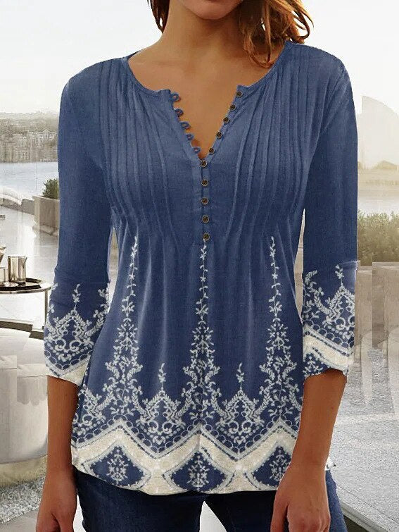 Floral Pintuck Bell Sleeve Blouse
