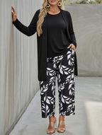 Leaf Print Three-Piece Cardigan Set
