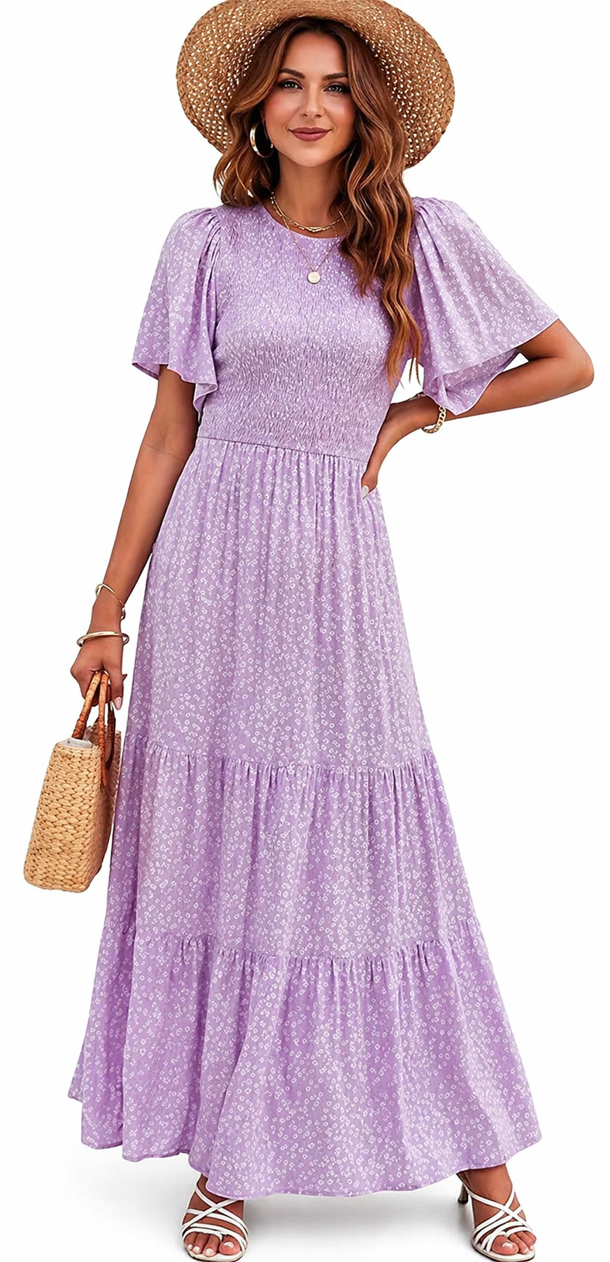 Elegant Lilac Floral Smocked Tiered Maxi Dress