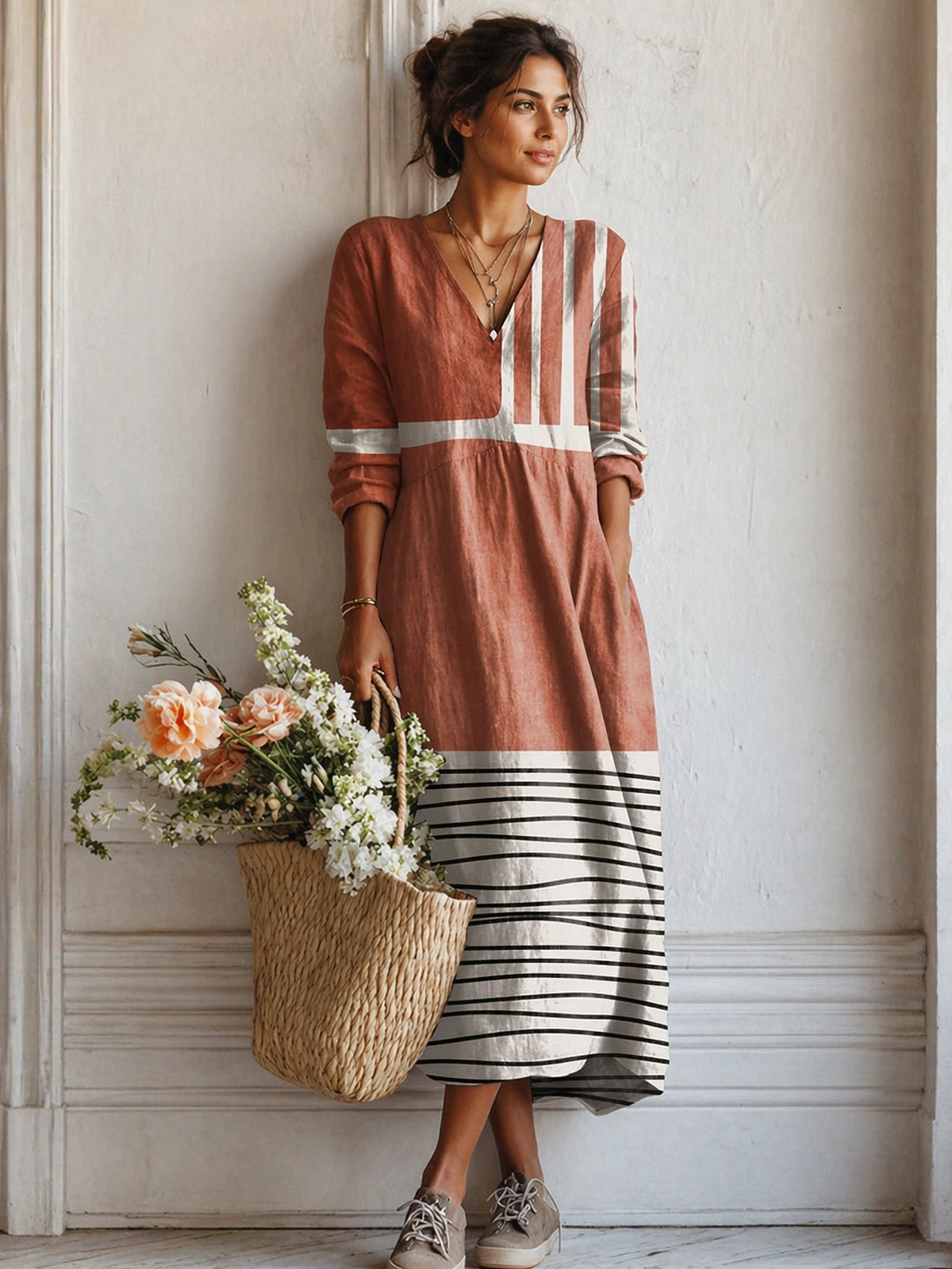 Artistic Geometric Print V-Neck Pocket Maxi Dress