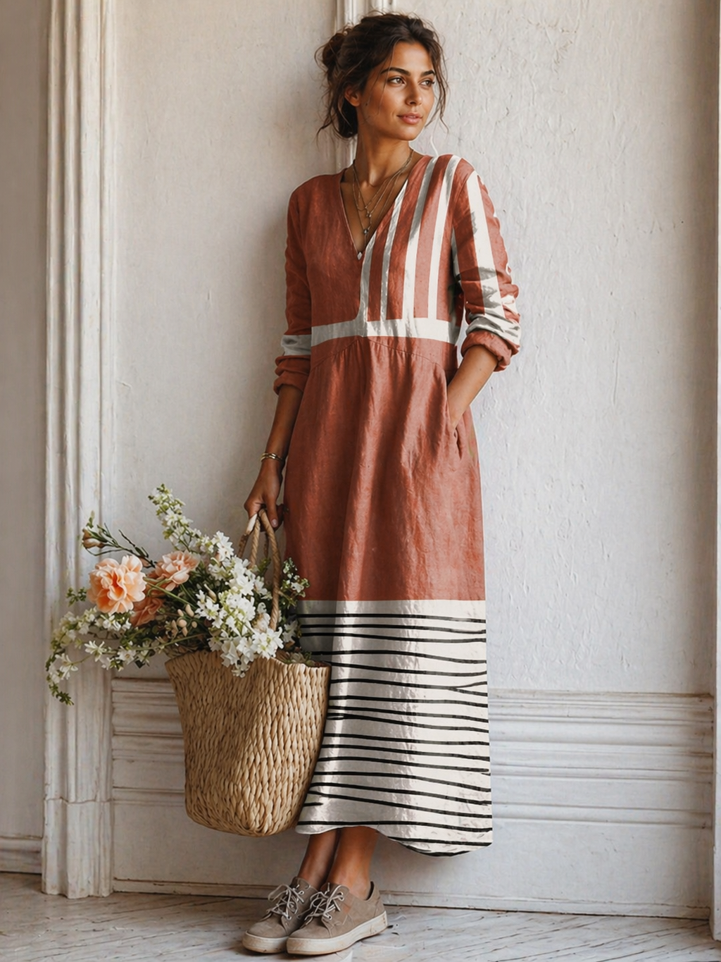 Artistic Geometric Print V-Neck Pocket Maxi Dress