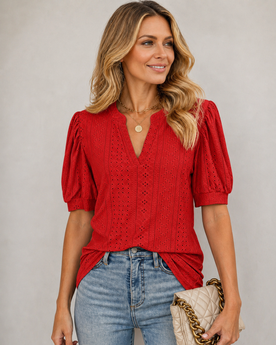 Eyelet Puff-Sleeve Blouse