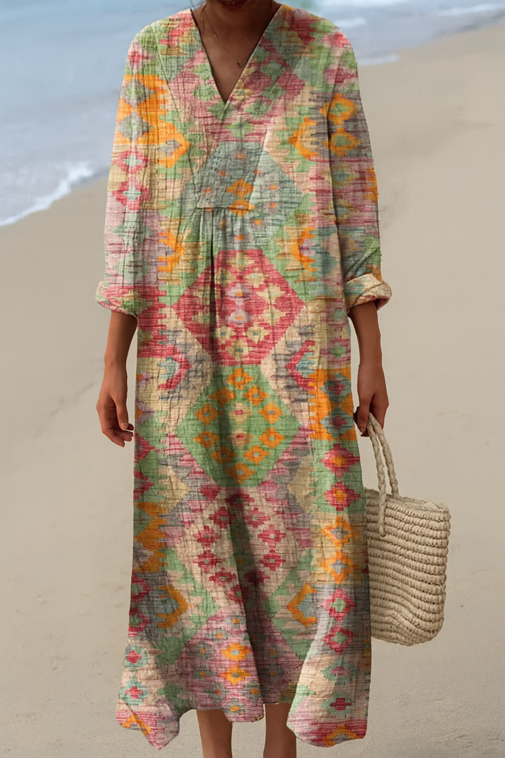 Bohemian Geometric Print Maxi Kaftan Dress