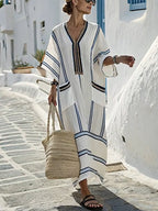 Striped Embroidered V-Neck Dress