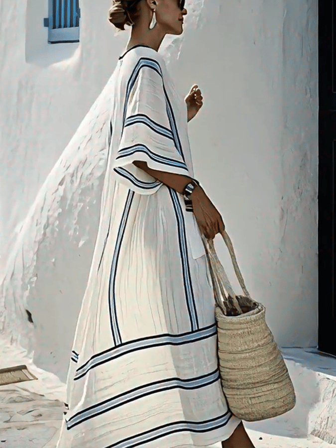 Striped Embroidered V-Neck Dress