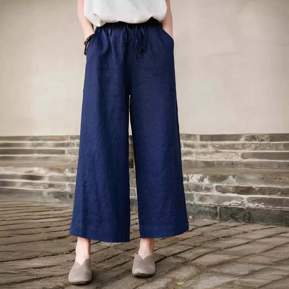 Casual Solid Linen Drawstring Wide-Leg Pants