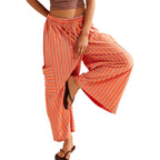 Button-Detail Striped Summer Casual Straight Pants