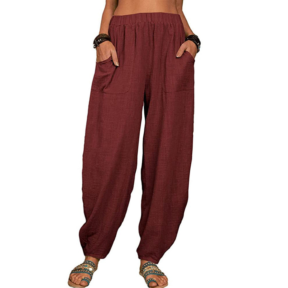 Boho Pants Solid Balloon-Leg Linen Trousers