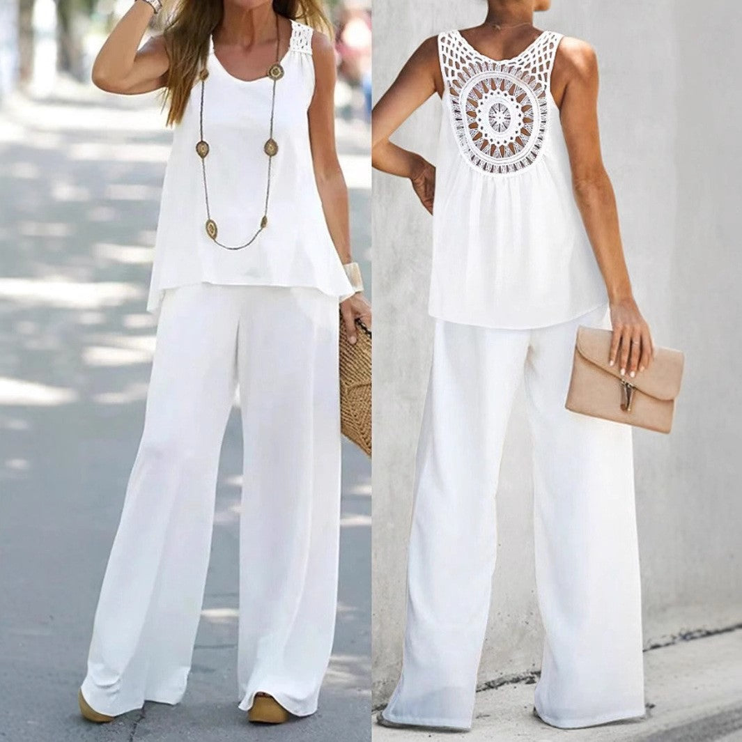 Elegant Crochet Back Wide Leg Set