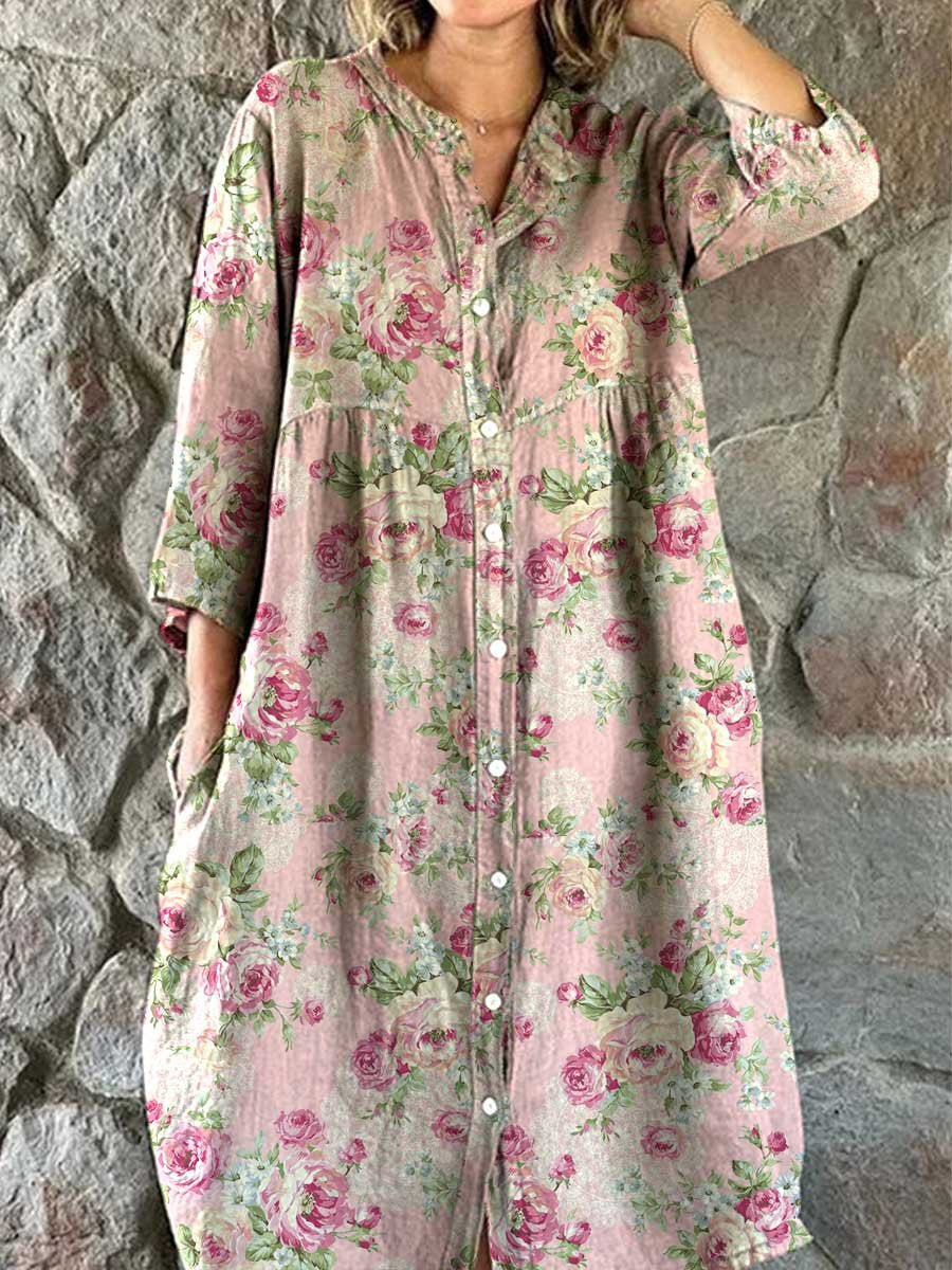 Elegant Floral Loose Button Dress