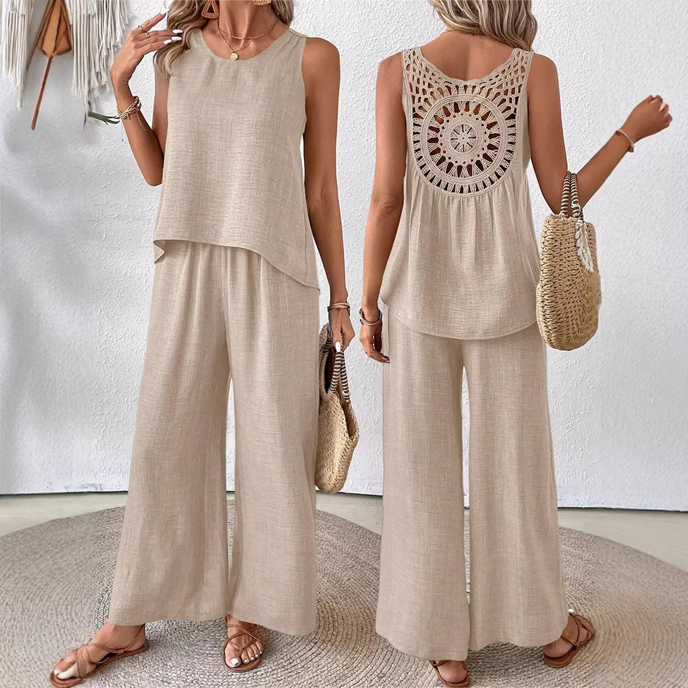 Elegant Crochet Back Wide Leg Set