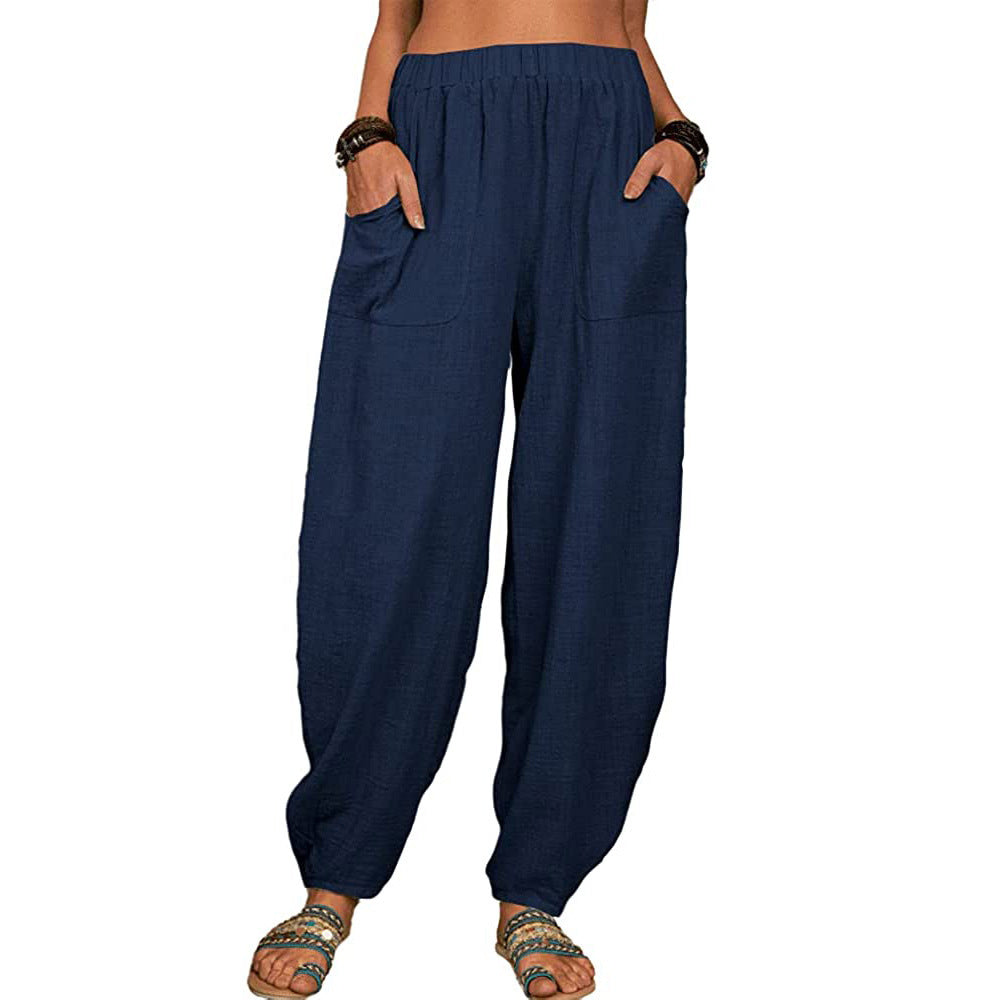 Boho Pants Solid Balloon-Leg Linen Trousers