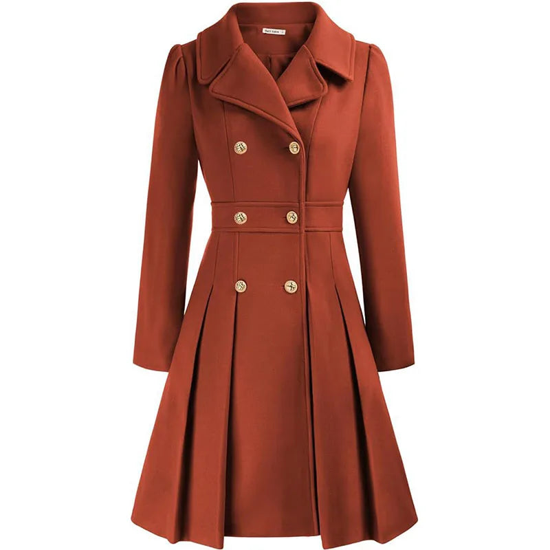 Alethea™ | Pleated Double-Breasted Fit-and-Flare Coat