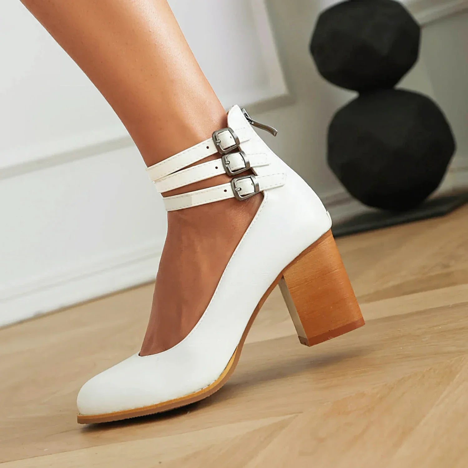 Eye-Catching Vibrant Triple-Strap Block Heel Pumps