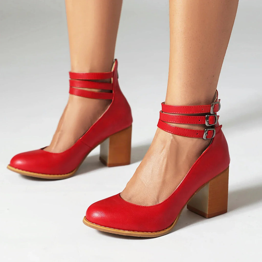 Eye-Catching Vibrant Triple-Strap Block Heel Pumps