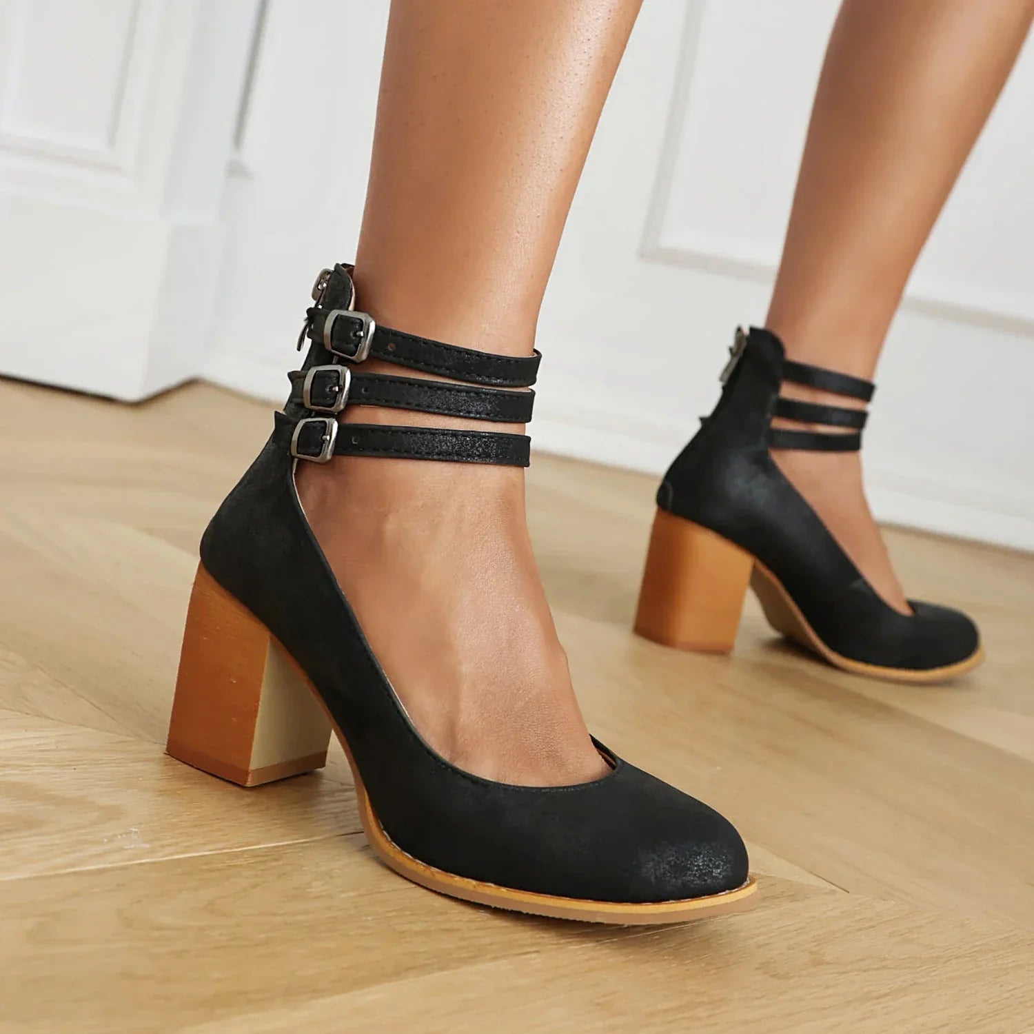 Eye-Catching Vibrant Triple-Strap Block Heel Pumps