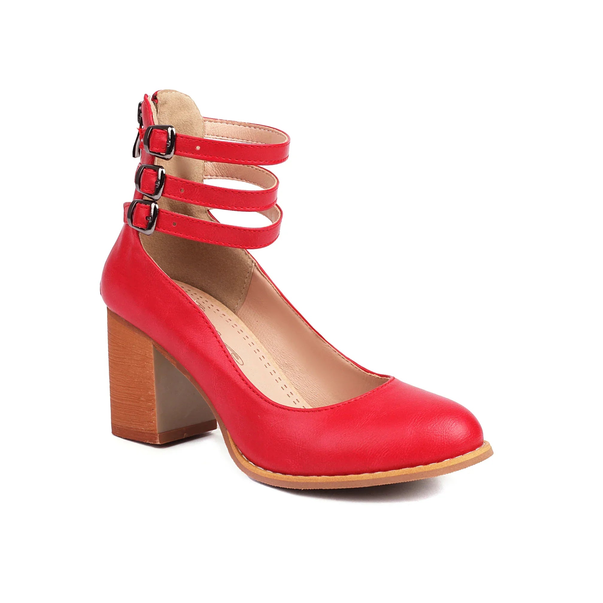 Eye-Catching Vibrant Triple-Strap Block Heel Pumps