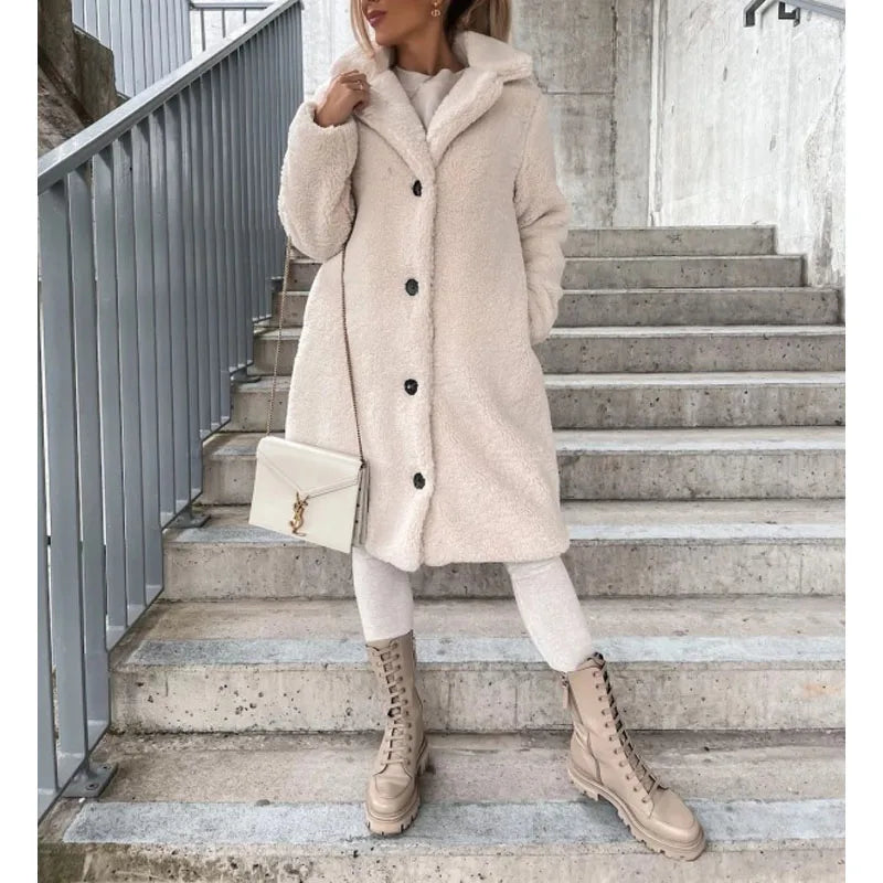 Emmeline™ | Long teddy sherpa coat with lapel collar and button front