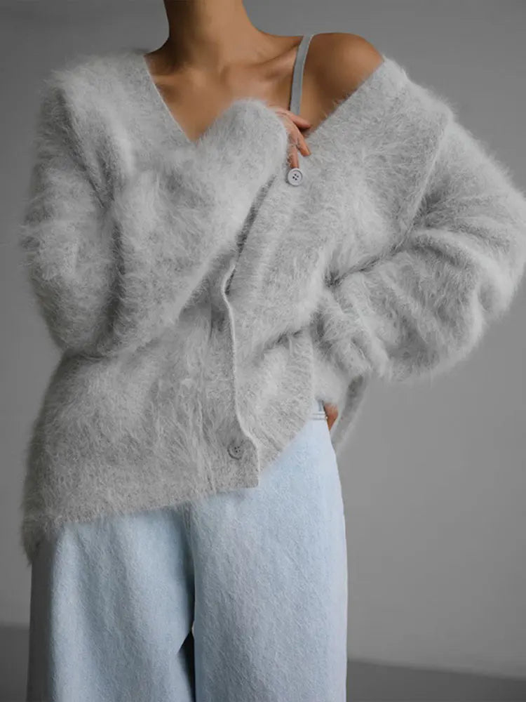 Fortunata™ | Fluffy V-neck button cardigan