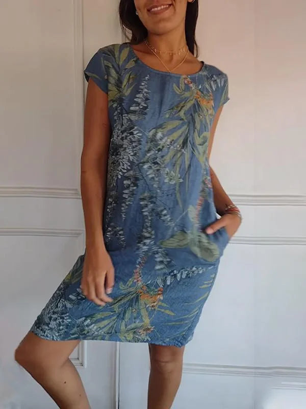Breathable Tropical Print Side-Pocket Shift Dress