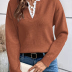 Yasmine™ | Lace-Trim Split-Neck Pullover Sweater