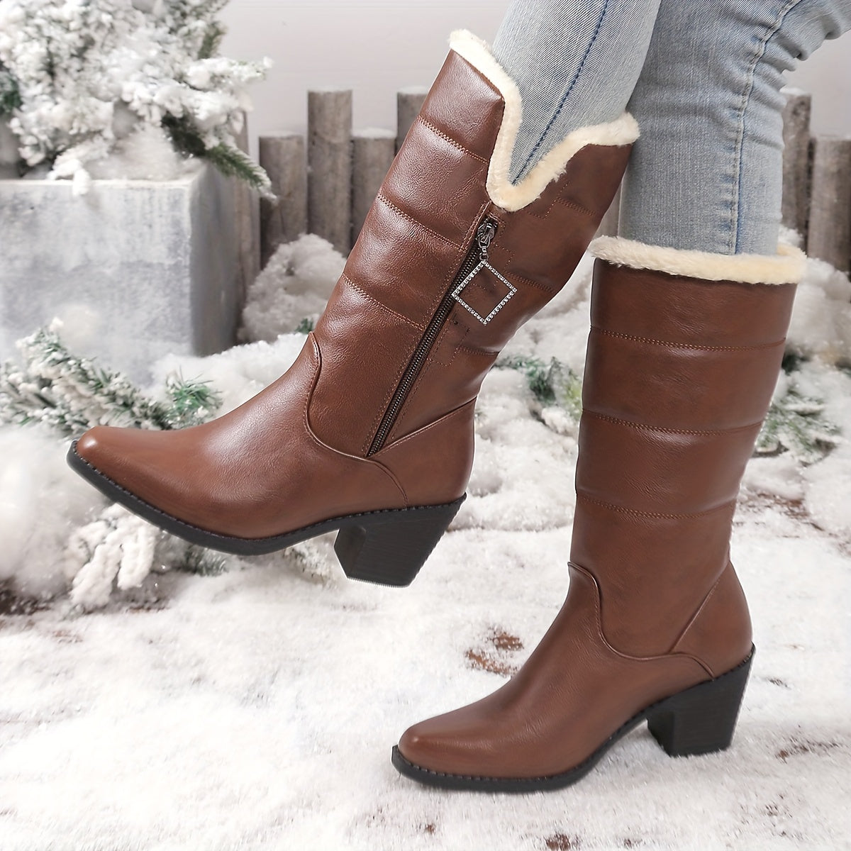 Beryl™ | Faux-fur cuff side-zip heeled knee-high boots