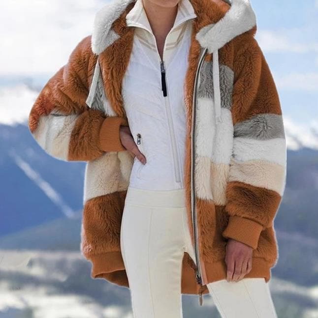 Oversized Color Block Fuzzy Hooded Jacket