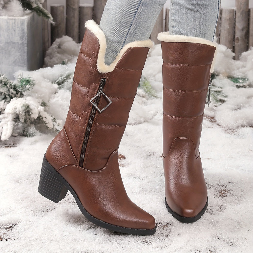 Beryl™ | Faux-fur cuff side-zip heeled knee-high boots