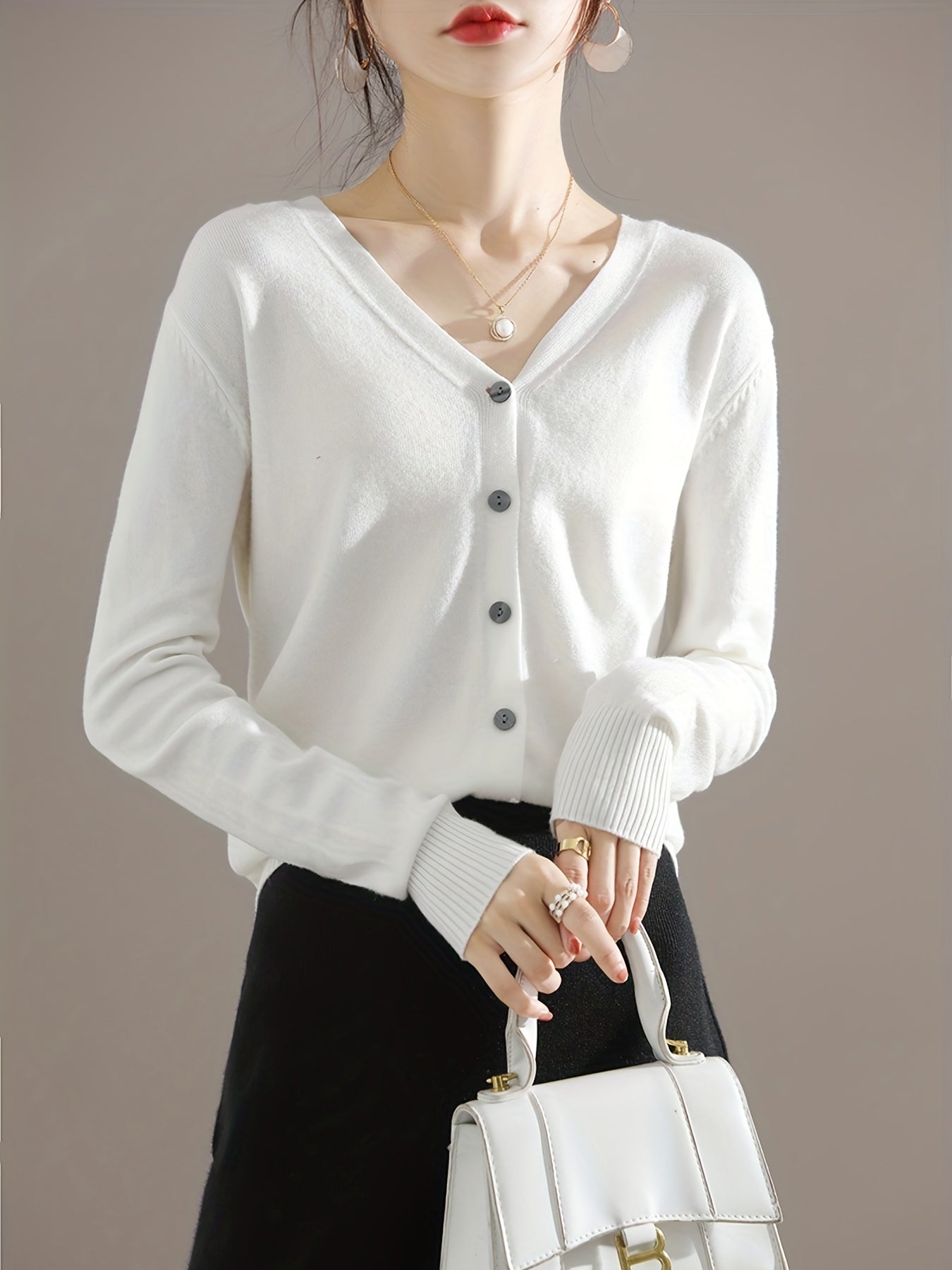 Solène™ | Button-Front Ribbed-Cuff V-Neck Cardigan Sweater
